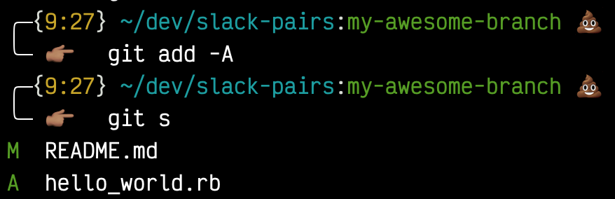 output of git add -A and git s