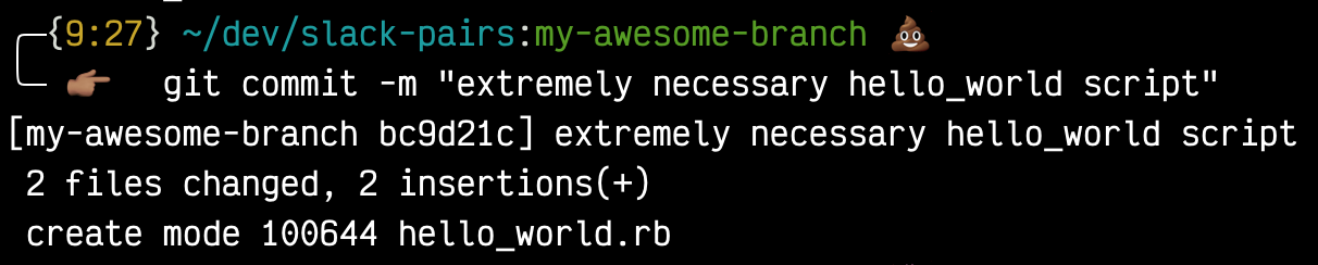 output from `git commit -m "extremely necessary hello_world script"`
