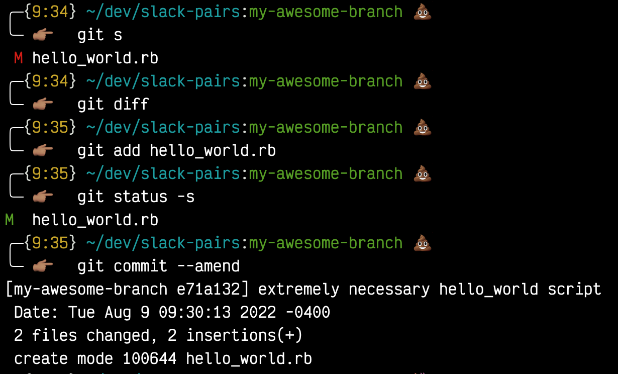 git status -s, git diff, git add, git status -s, and git commit --amend
